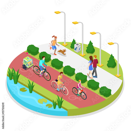 Isometric City Park Composition with Running Woman and Family on Bicycles. Outdoor Activity. Vector flat 3d illustration