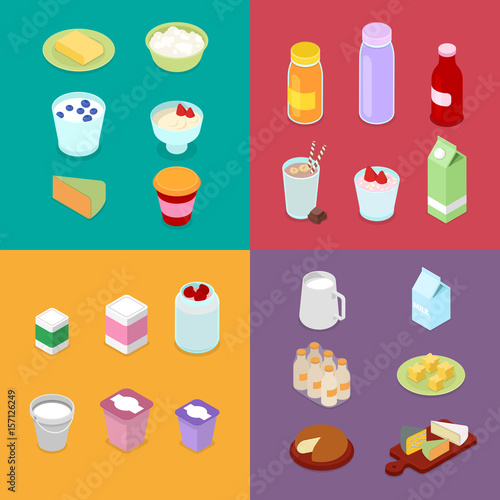 Milk Industry Production. Dairy Products with Milk Bottle, Cream and Cheese. Isometric vector flat 3d illustration