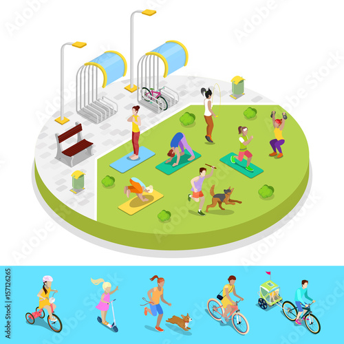 Isometric City Park Composition with Active People and Bicycle Parking. Outdoor Activity. Vector flat 3d illustration