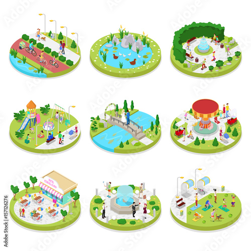 Isometric City Park Composition with Walking People. Outdoor Activity. Family on the Walk. Vector flat 3d illustration