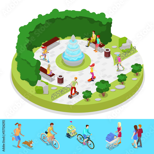 Isometric City Park Composition with Active People and Fountain. Outdoor Activity. Vector flat 3d illustration
