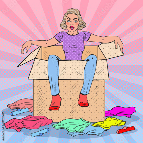 Pop Art Tired Woman in the Box with Different Clothes. Moving to new House. Vector illustration