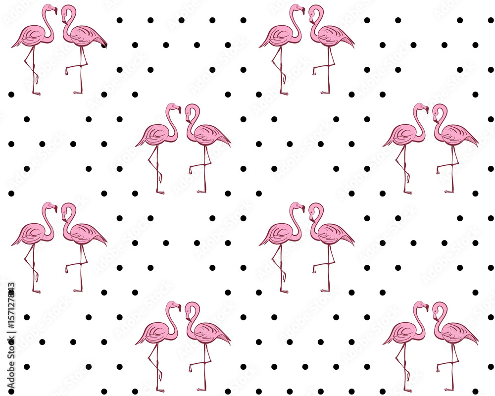 Seamless pattern with pink flamingos. Tropical print. Black polka dots. Seamless pattern with pink flamingos. Tropical print. Black polka dots.