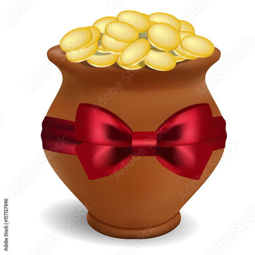 3d photorealistic clay pot on a white background with a red bow of satin.Clay pot with coins. St.Patrick 's Day