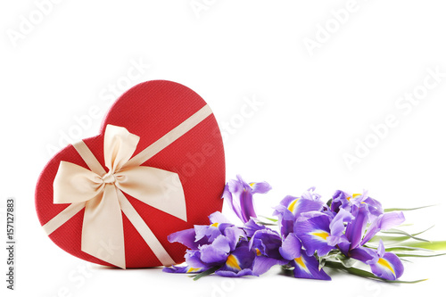 Fototapeta Naklejka Na Ścianę i Meble -  Bouquet of iris flowers with gift box on white background