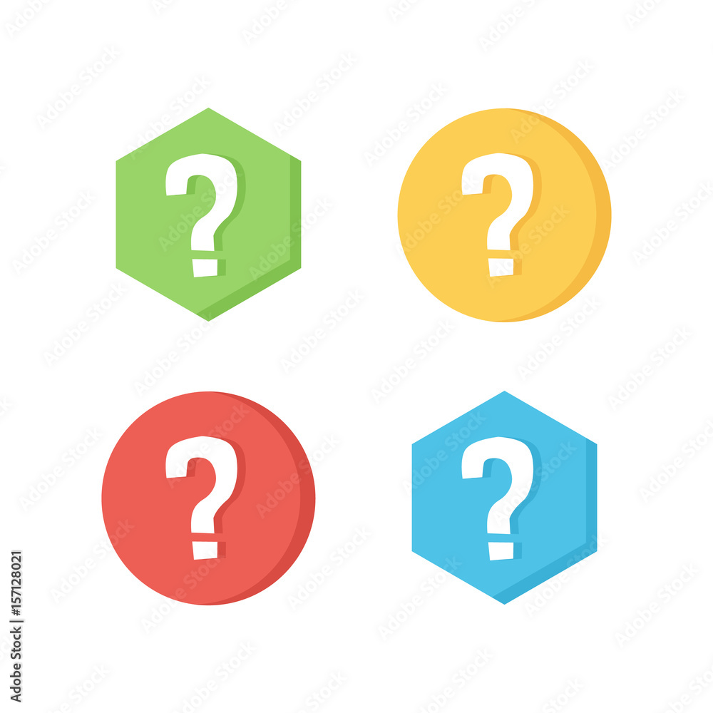 Set, collection of colorful flat design icons with question marks.