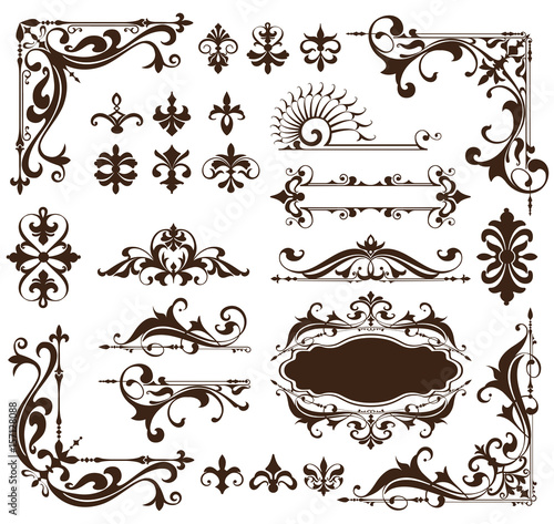 Art deco design elements of vintage ornaments and borders corners of the frame Isolated art nouveau flourishes Simple elements of floral ornaments and monograms on a white background