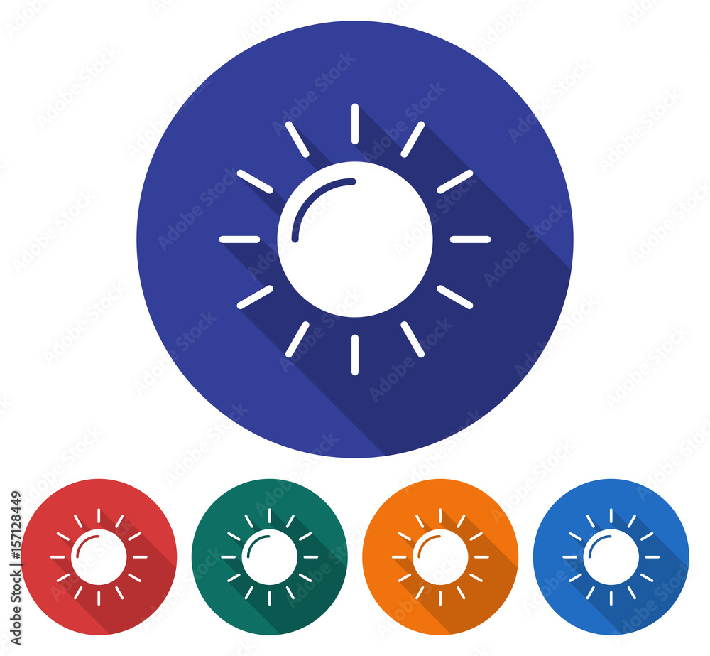 Round icon of  sun (sunny weather). Flat style illustration with long shadow in five variants background color