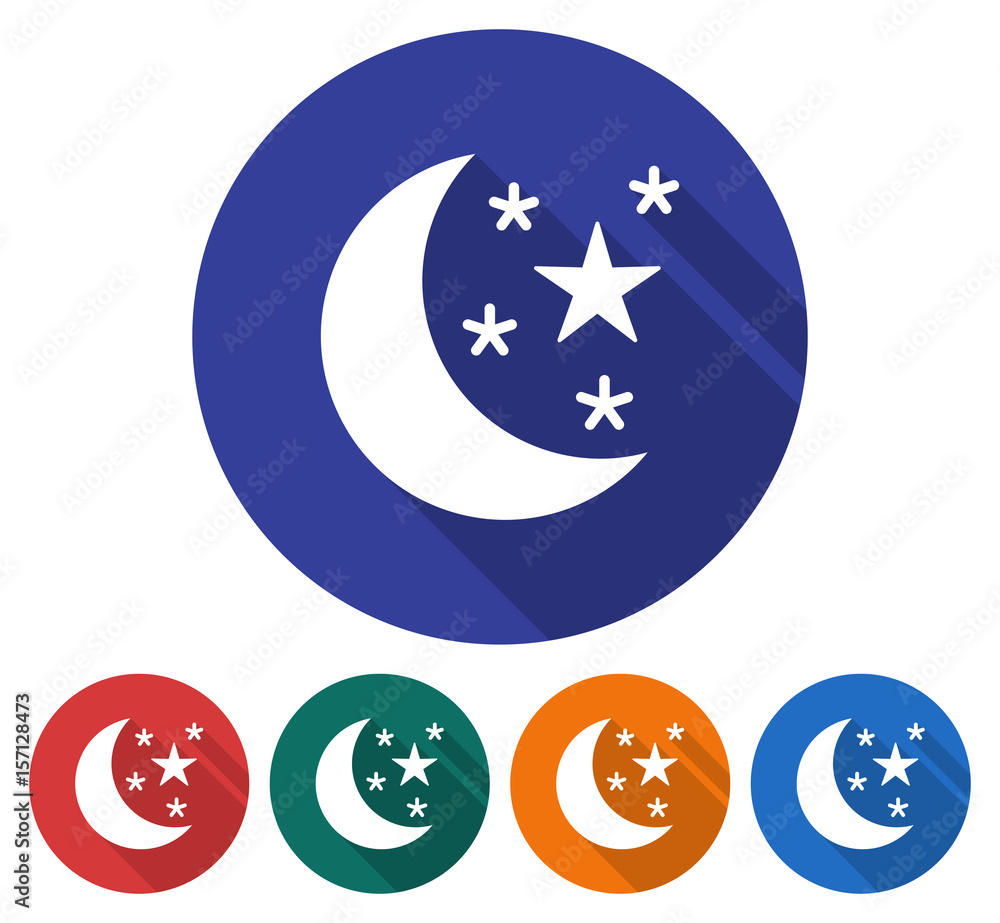 Round icon of crescent with stars (clear night weather). Flat style illustration with long shadow in five variants background color Round icon of crescent with stars (clear night weather). Flat style illustration with long shadow in five variants background color