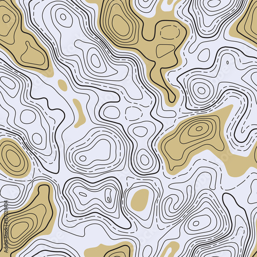 Seamless pattern. Fictional topo contour map design. Vector. Geography concept. Abstract wavy graphic backdrop. Cartography and topology. Line topographic contour map background. Sepia and gray.