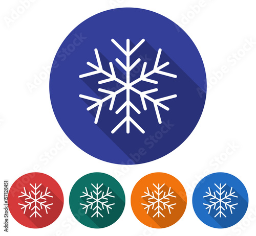 Round icon of  snowflake. Flat style illustration with long shadow in five variants background color
