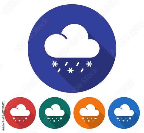 Round icon of rain with snow. Flat style illustration with long shadow in five variants background color