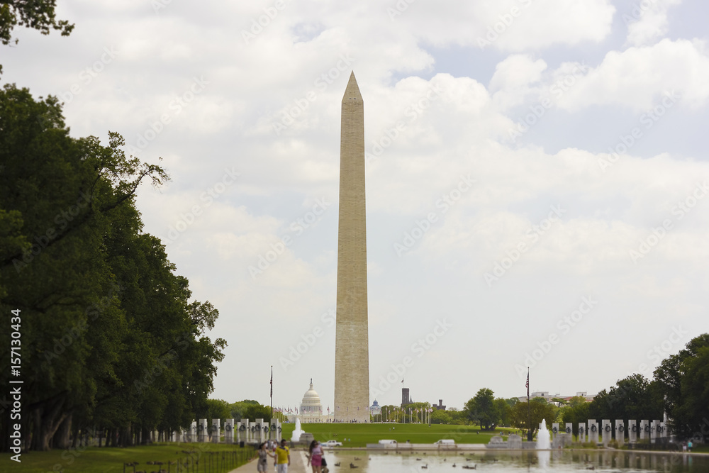 Historic view of America's national monument, the Washington Monument from the ceremonial tree-lined boulevard of the National Mall, Washington DC