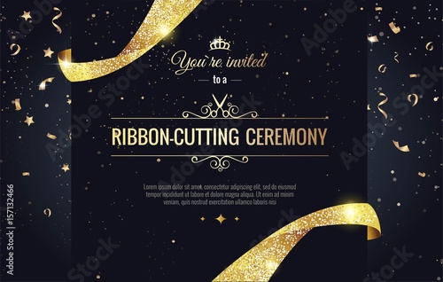 Grand opening sparkling banner. Text composition with  golden splashes  and ribbons.Gold sparkles.  Elegant style. Vector Illustration
