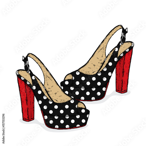 Beautiful female sandals in polka dots. Vector illustration for a postcard or a poster. Fashion & Style. Shoes with high heels.