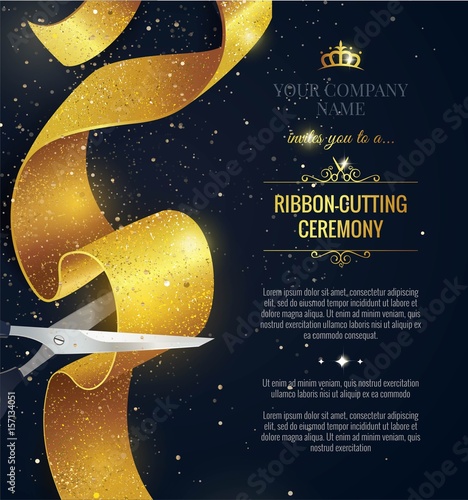 Grand opening vertical banner. Text with confetti and curving ribbon. Gold sparkles.  Elegant style. Vector Illustration
