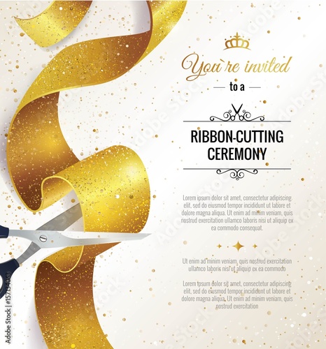 Grand opening vertical banner. Text with  confetti, golden splashes  and ribbons.Gold sparkles.  Elegant style. Vector Illustration photo