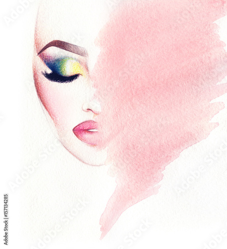 Make up. Woman face and place for text. Fashion illustration. Watercolor painting