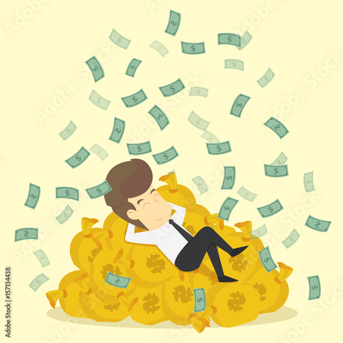 A businessman sleeping on a bag of money, billionaires