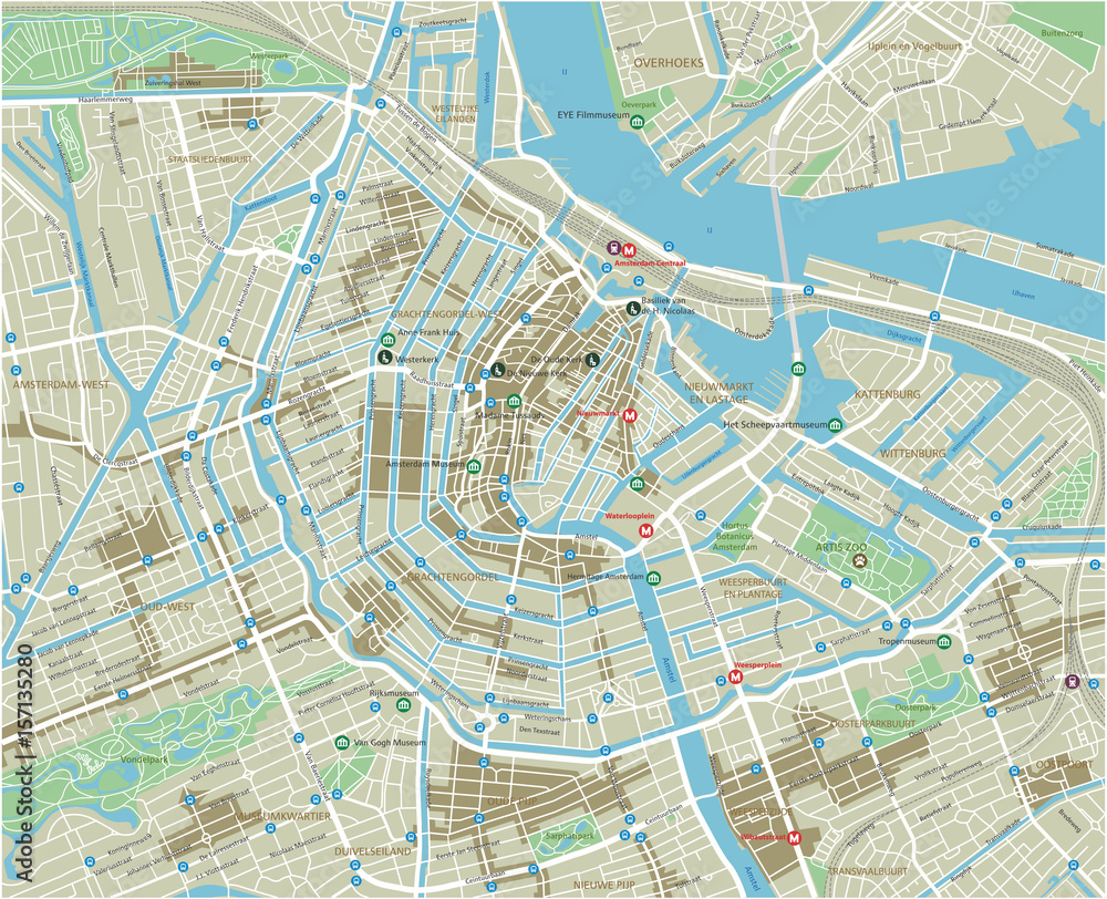 Naklejka premium Wektorowa mapa miasta Amsterdamu z dobrze zorganizowanymi oddzielnymi warstwami.