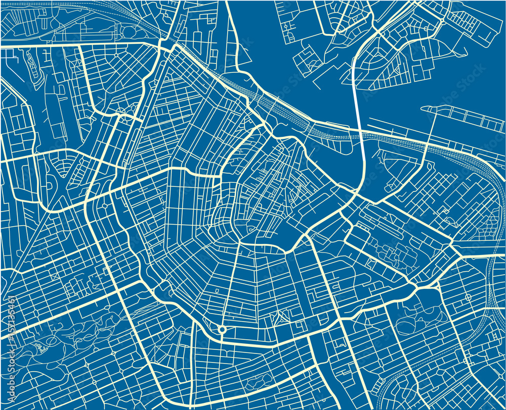 Obraz premium Niebiesko-biała wektorowa mapa miasta Amsterdamu z dobrze zorganizowanymi oddzielnymi warstwami.