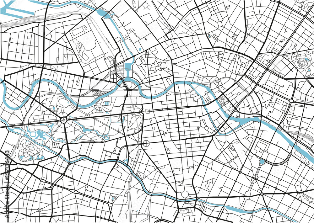 Obraz premium Czarno-biała mapa miasta Berlin z dobrze zorganizowanymi oddzielnymi warstwami.