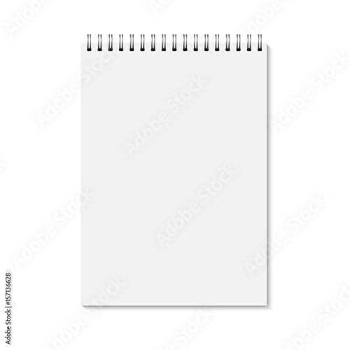 Vector realistic closed notebook. Vertical blank copybook with metallic silver spiral. Template (mock up) of organizer or diary isolated. A4
