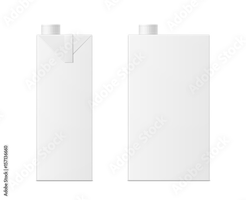 Vector 3d mock up of milk or juice box on white background. Realistic carton one liter package with cap isolated. Template for your design. Front view.