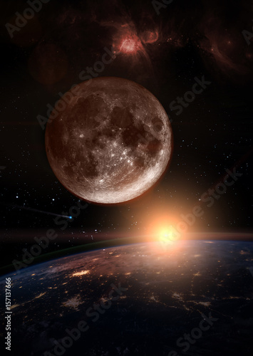 Moon over the dark planet Earth at sunrise. A nebula appears in the distance and a comet is running in the space. Elements of this image furnished by NASA