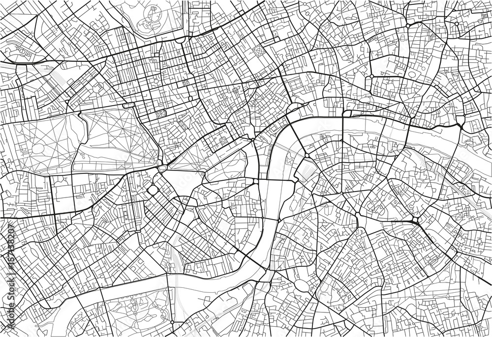 Fototapeta premium Czarno-biała mapa miasta Londynu z dobrze zorganizowane oddzielne warstwy.