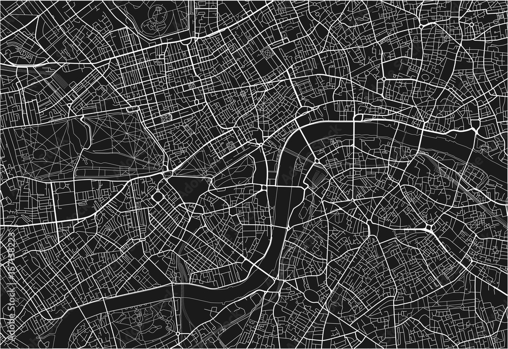 Obraz premium Czarno-biała mapa miasta Londynu z dobrze zorganizowane oddzielne warstwy.
