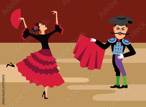 spanish matador cartoon clipart. Bullfighting vector illustration. Toreador man in red cape. Traditional spainish corrida.  beautiful latina dancer with fan.