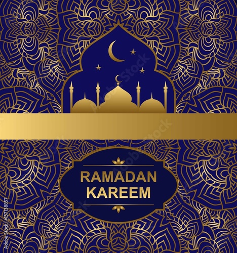 vector background with an ornament and a silhouette Islamic mosque.
Holy month of muslim community Ramadan Kareem background illustration of mosque. photo