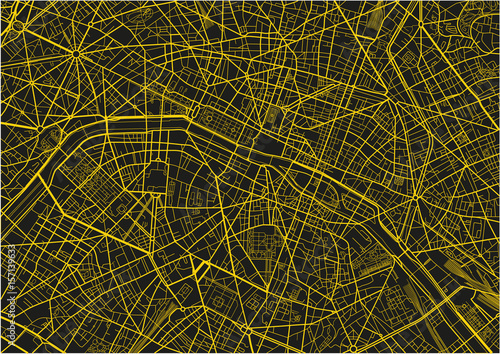 Black and yellow vector city map of Paris with well organized separated layers.