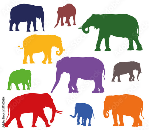 Set of vector colorful elephants silhouettes