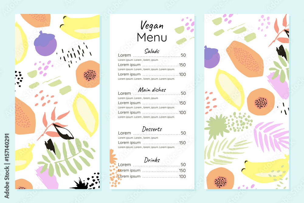 Abstract vegetarian menu template. Fruits and plants in hand drawn style Abstract vegetarian menu template. Fruits and plants in hand drawn style