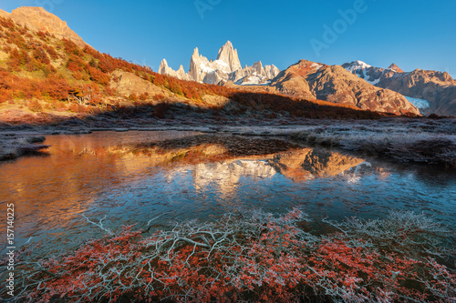 The frozen reflection of the Monte Fitz Roy (Cerro Chalte) - the peak located in Patagonia in the border area between Argentina and Chile, the view from the trail in the National Park of Los Glaciares