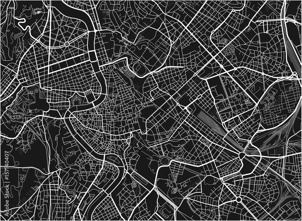 Obraz premium Czarno-biała mapa miasta Rzym z dobrze zorganizowanych oddzielnych warstw.