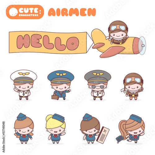 Cute chibi kawaii characters profession set: Airmen.