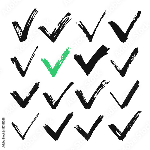Black ink brush stroke check marks set, black brush checkmarks. Hand drawn style traced paint check marks, ticks concepts. Vector illustration