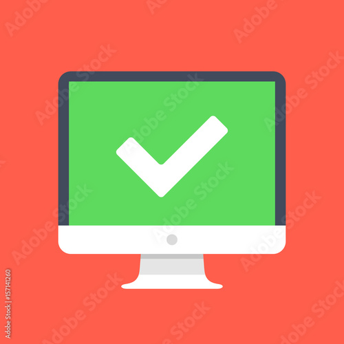Green checkmark on computer screen. PC, desktop computer with white tick. Success concept. Modern flat design vector illustration