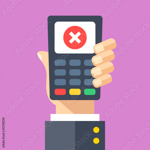 Credit card machine with cross mark. Hand holding point of sale, pos, payment terminal with x mark on screen. Transaction rejected, wrong pin number entered concepts. Flat design vector illustration