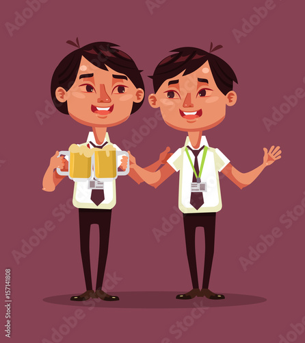 Happy smiling drunk two office workers asian businessmen characters celebrating successful business. Vector flat cartoon illustration