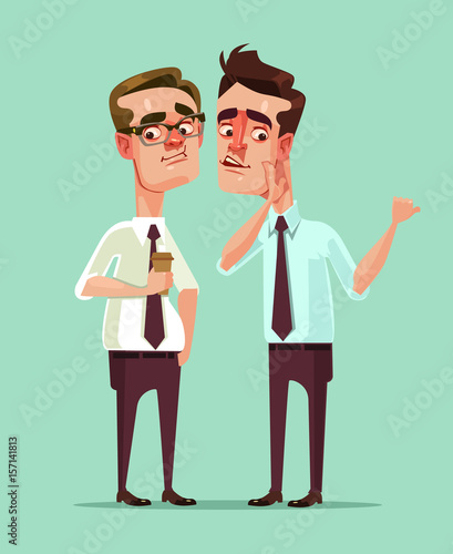 Man office worker says rumors to other man character. Vector flat cartoon illustration