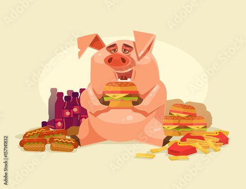 Happy smiling fat pig character eating unhealthy fast food. Obesity problems. Vector flat cartoon illustration