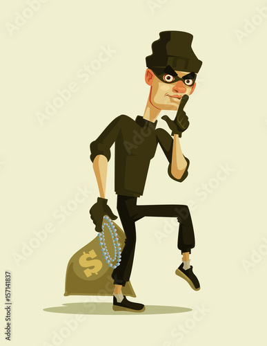 Happy smiling thief character carrying stolen money bag. Vector flat cartoon illustration