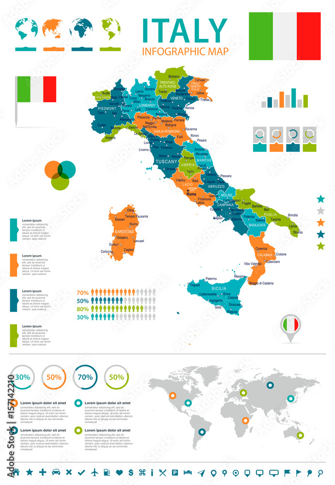 Fototapeta premium Italy - map and flag - infographic illustration