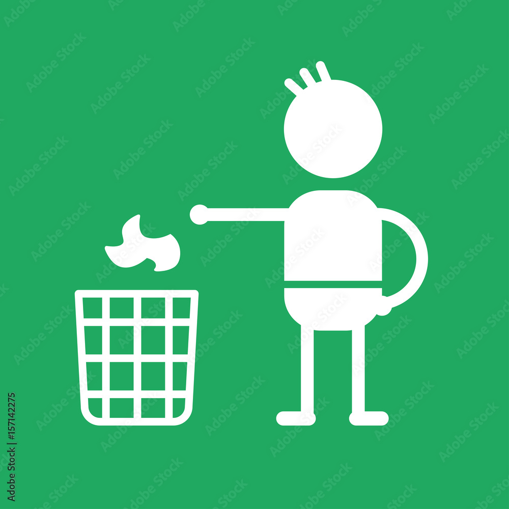Man throwing garbage in a trash bin, green icon. Stock Vector | Adobe Stock