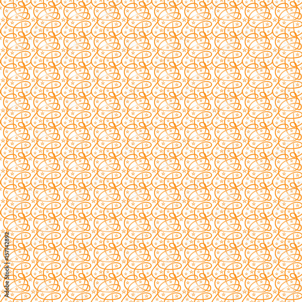Vector illustration seamless texture of orange lines with a gradient interlacing in an abstract pattern and five-pointed stars of a small size on a white background. Vector illustration seamless texture of orange lines with a gradient interlacing in an abstract pattern and five-pointed stars of a small size on a white background.