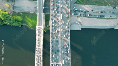 Valokuva Aerial top down view shot of traffic jam on a car bridge in the evening rush hou